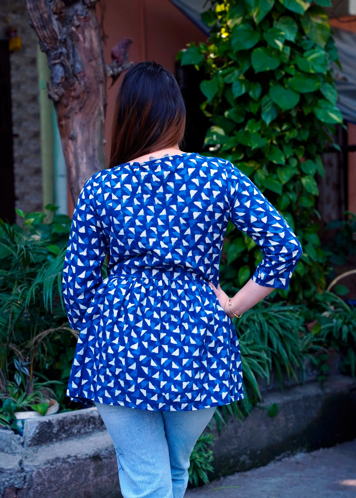 Indigo Boat Neck Dabu Print Short Top