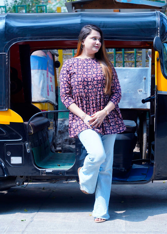 Brown Boat Neck Bagru Short Top