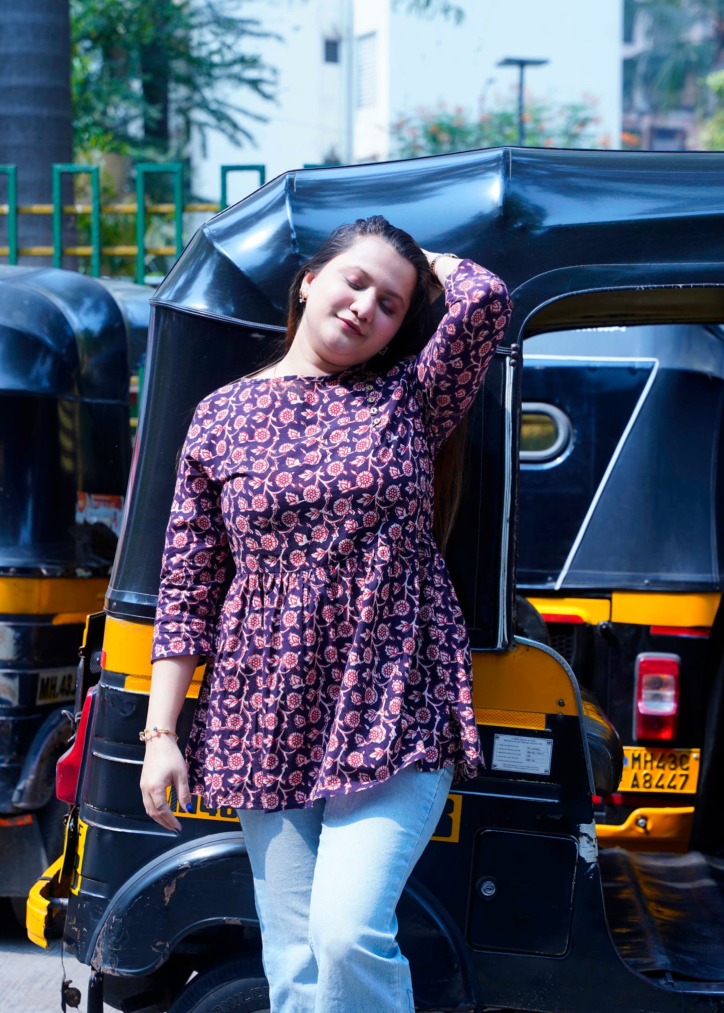 Brown Boat Neck Bagru Short Top