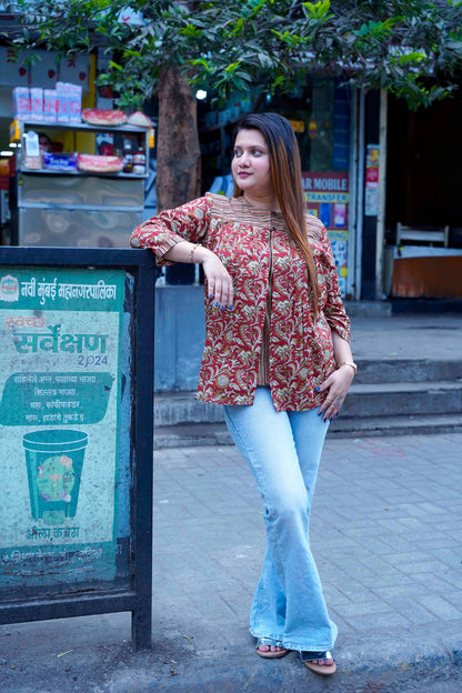 Red Bagru Short Top