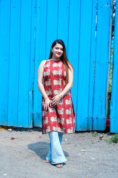 Rust Kalamkari Halterneck Kurti with Hand Embroidery Detailing