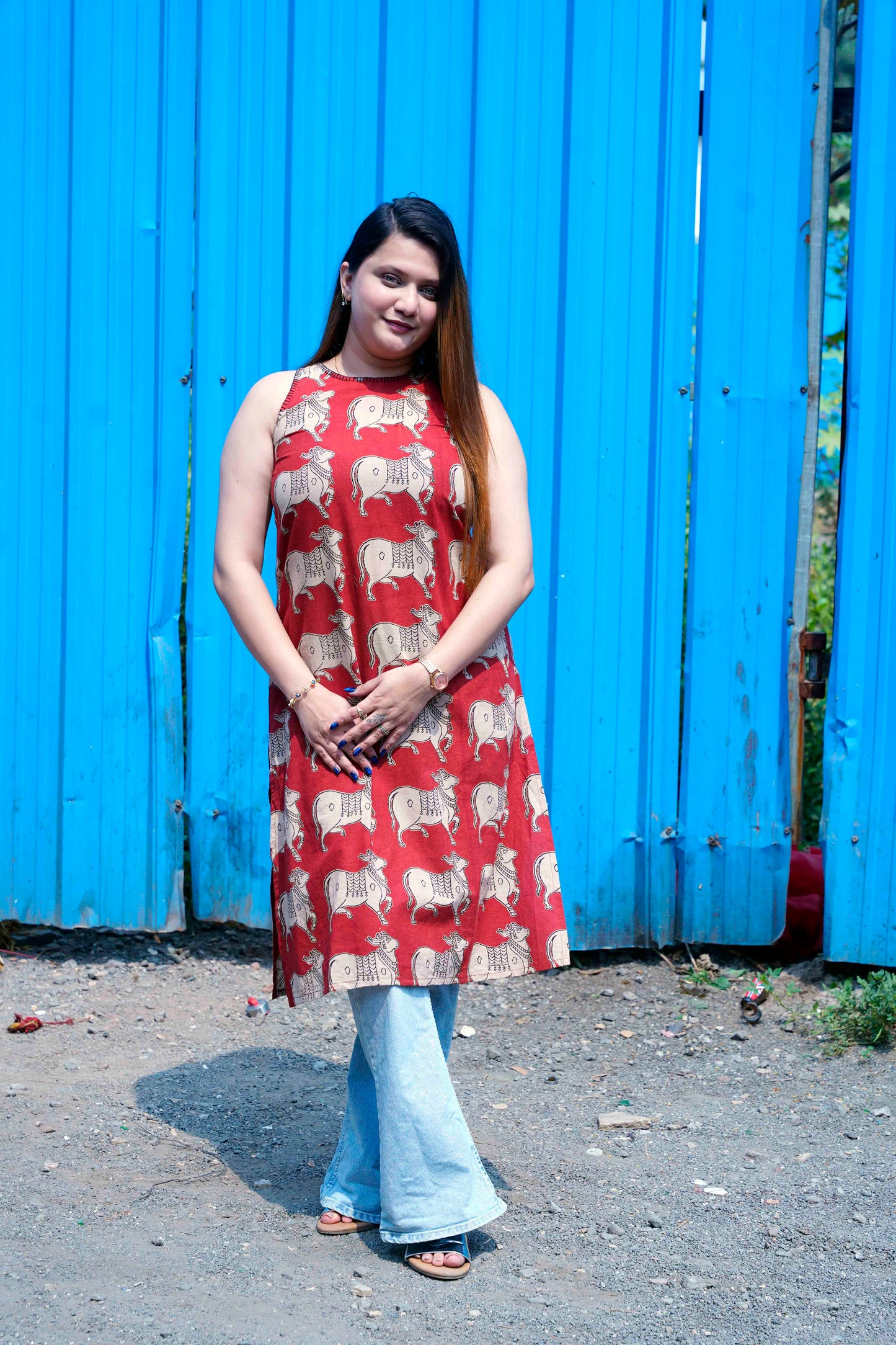 Rust Kalamkari Halterneck Kurti with Hand Embroidery Detailing