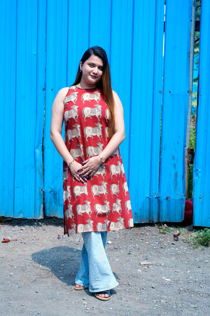 Rust Kalamkari Halterneck Kurti with Hand Embroidery Detailing