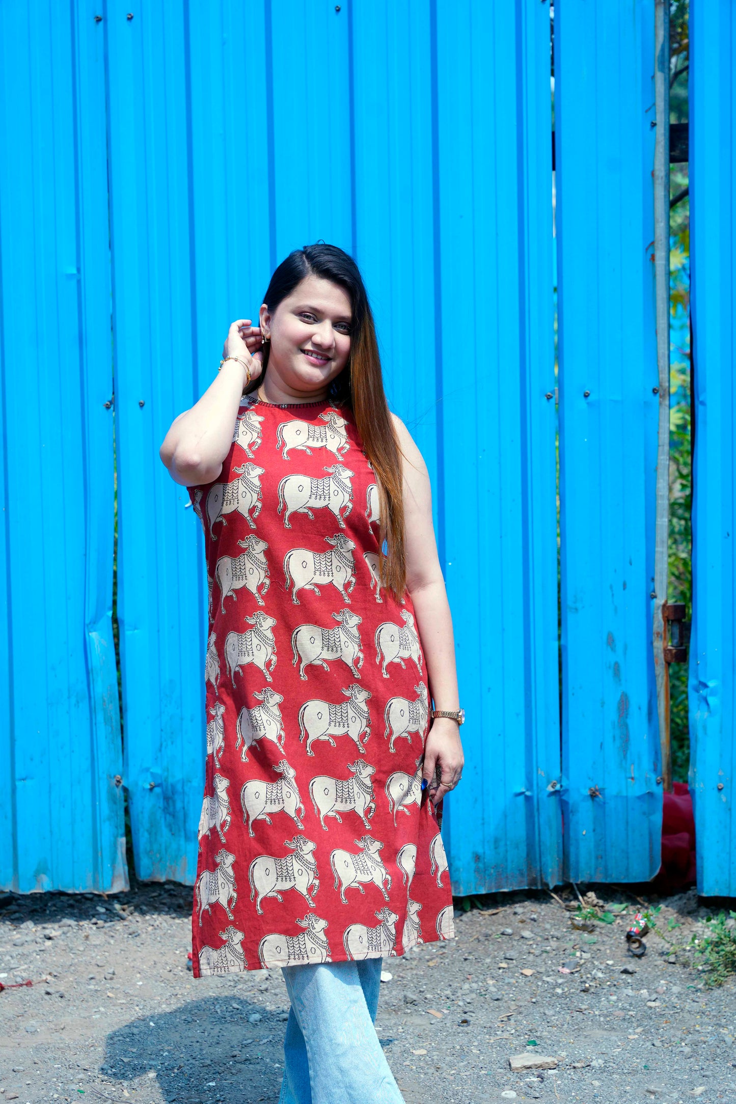 Rust Kalamkari Halterneck Kurti with Hand Embroidery Detailing