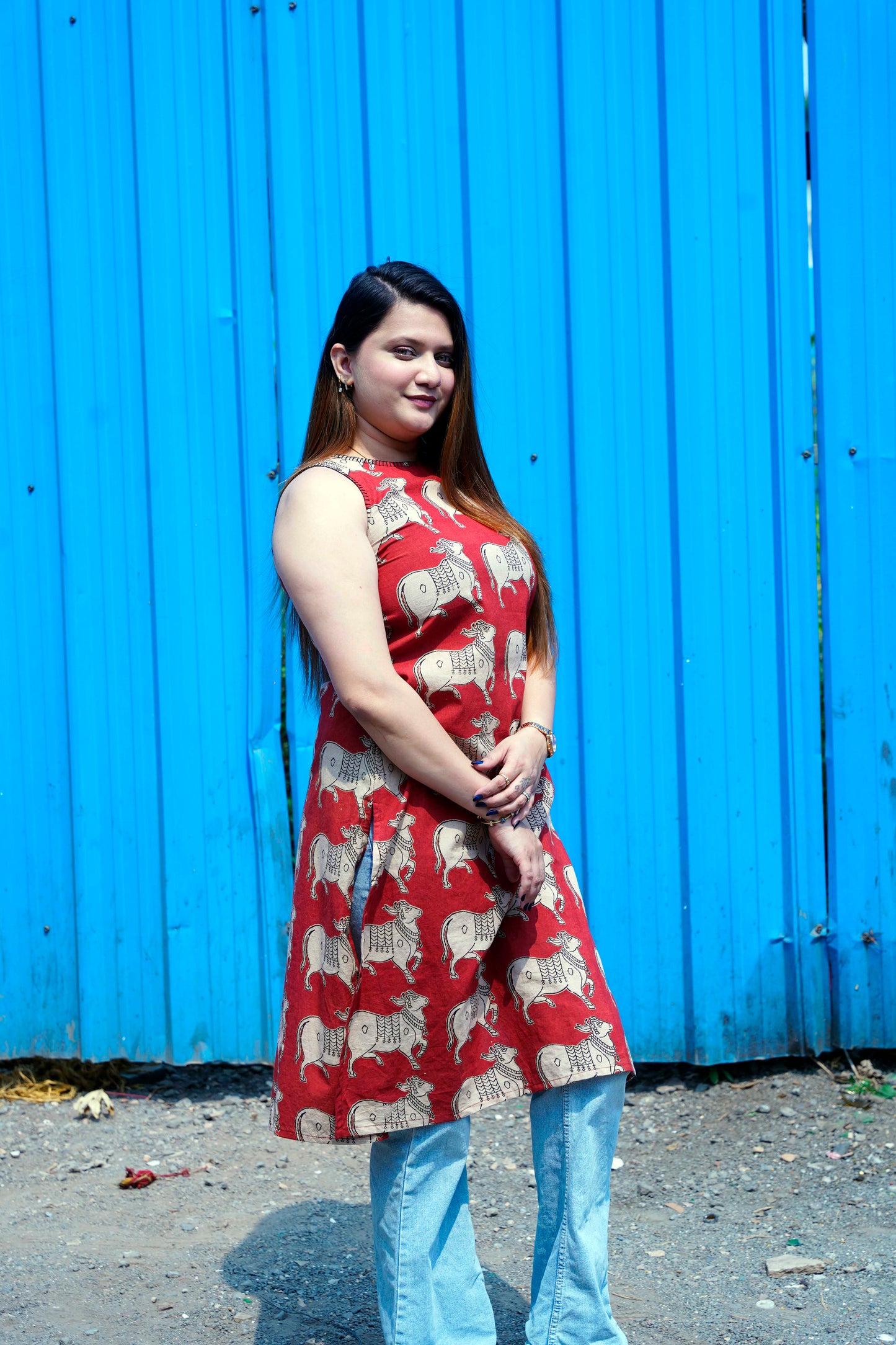Rust Kalamkari Halterneck Kurti with Hand Embroidery Detailing