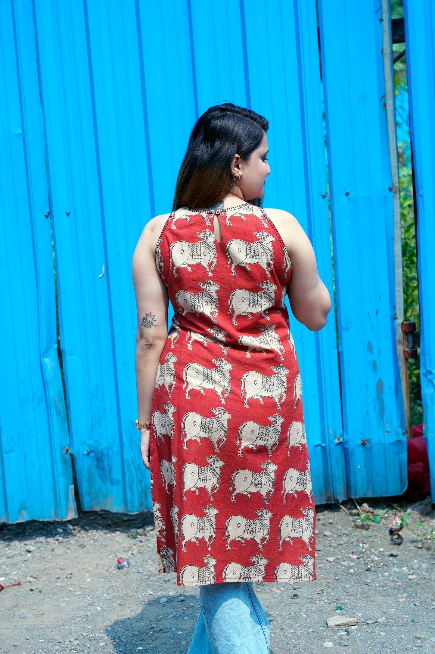 Rust Kalamkari Halterneck Kurti with Hand Embroidery Detailing