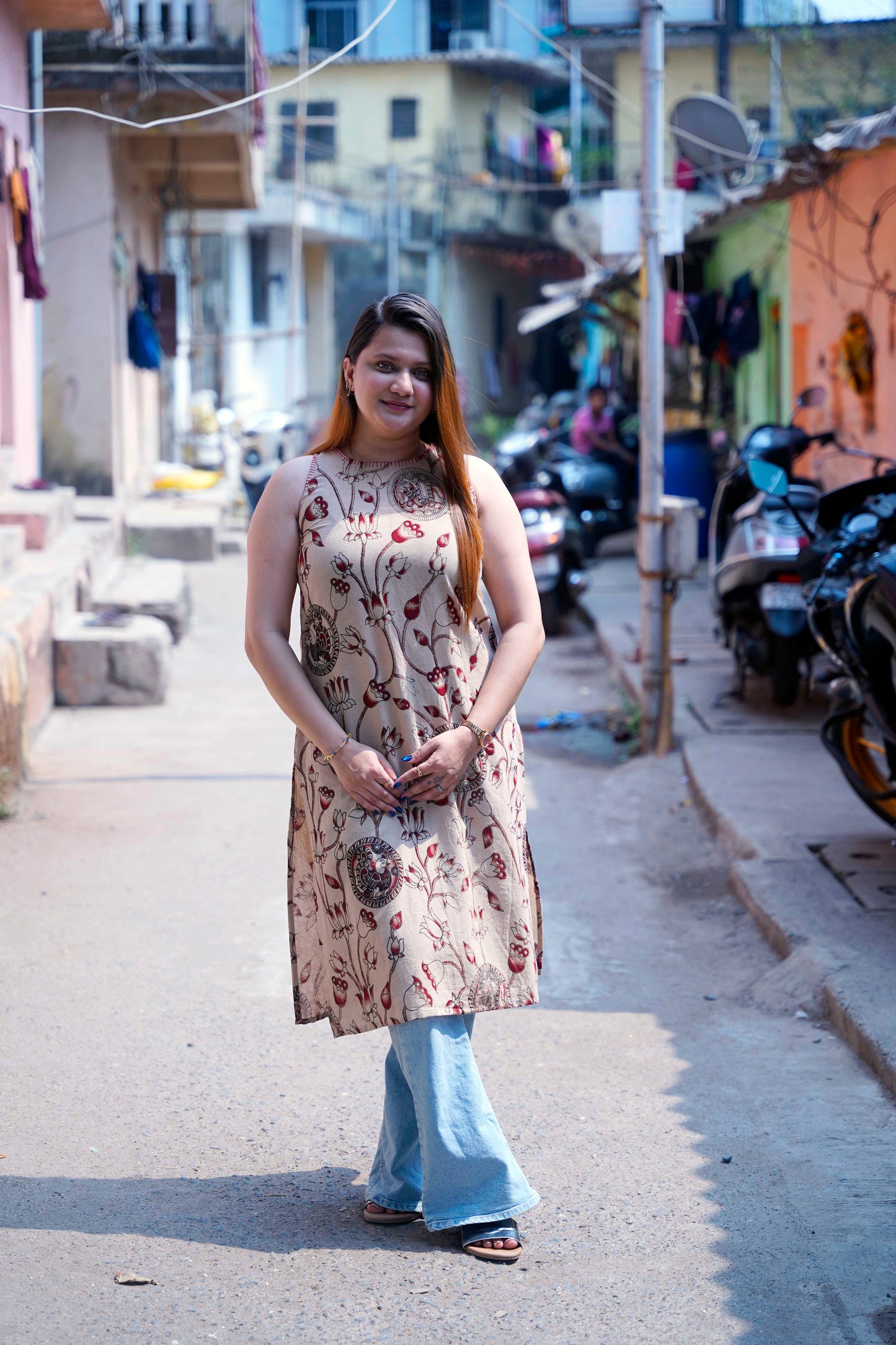 Beige Kalamkari Halterneck Kurti with Hand Embroidery Detailing
