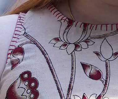 Beige Kalamkari Halterneck Kurti with Hand Embroidery Detailing