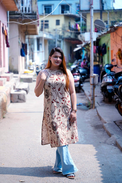 Beige Kalamkari Halterneck Kurti with Hand Embroidery Detailing