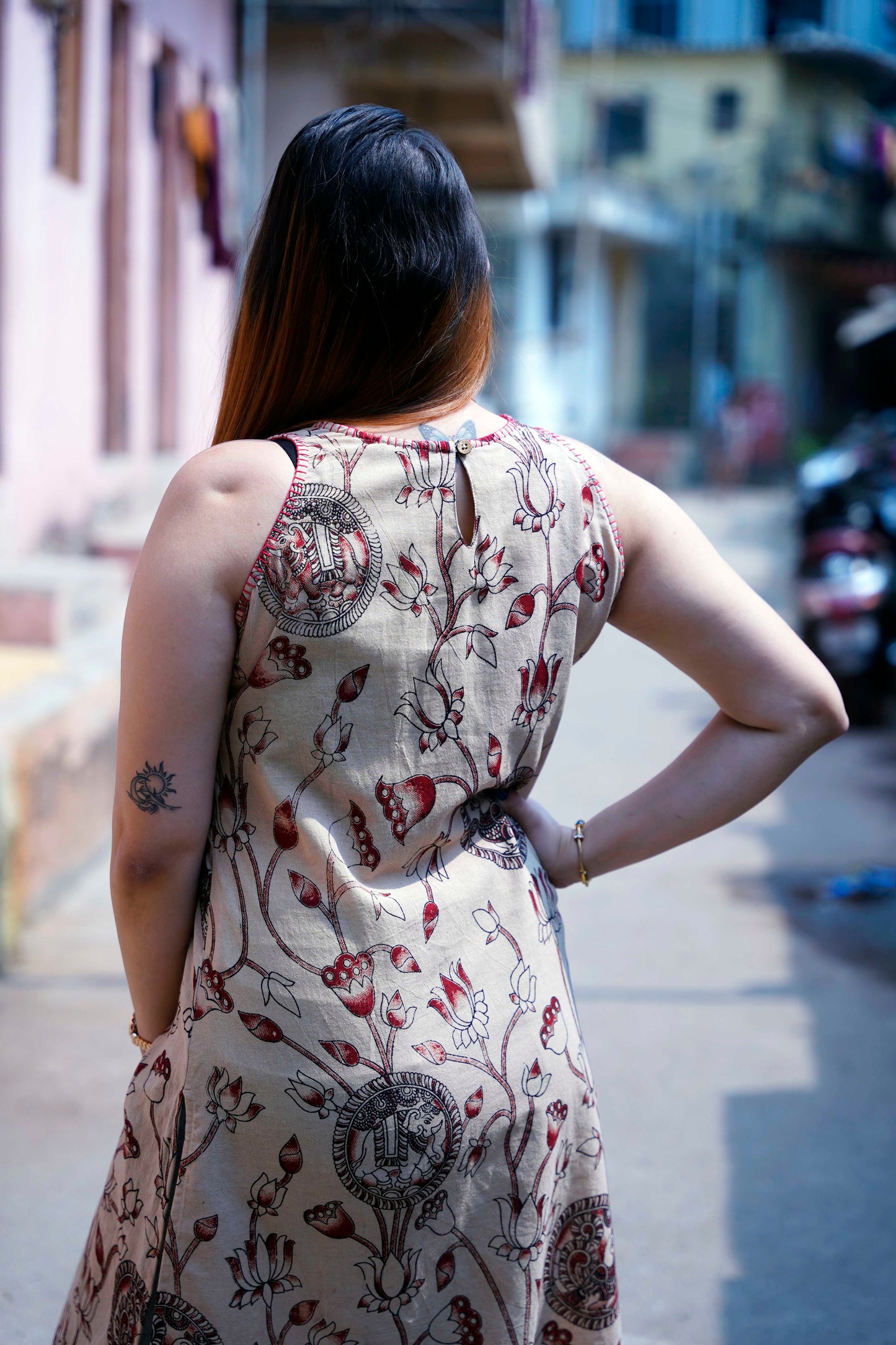 Beige Kalamkari Halterneck Kurti with Hand Embroidery Detailing