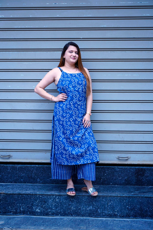 Indigo Dabu Print Spegetti Plazo Set