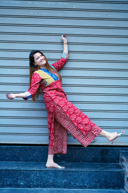 Red Elephant Print Kurta Set
