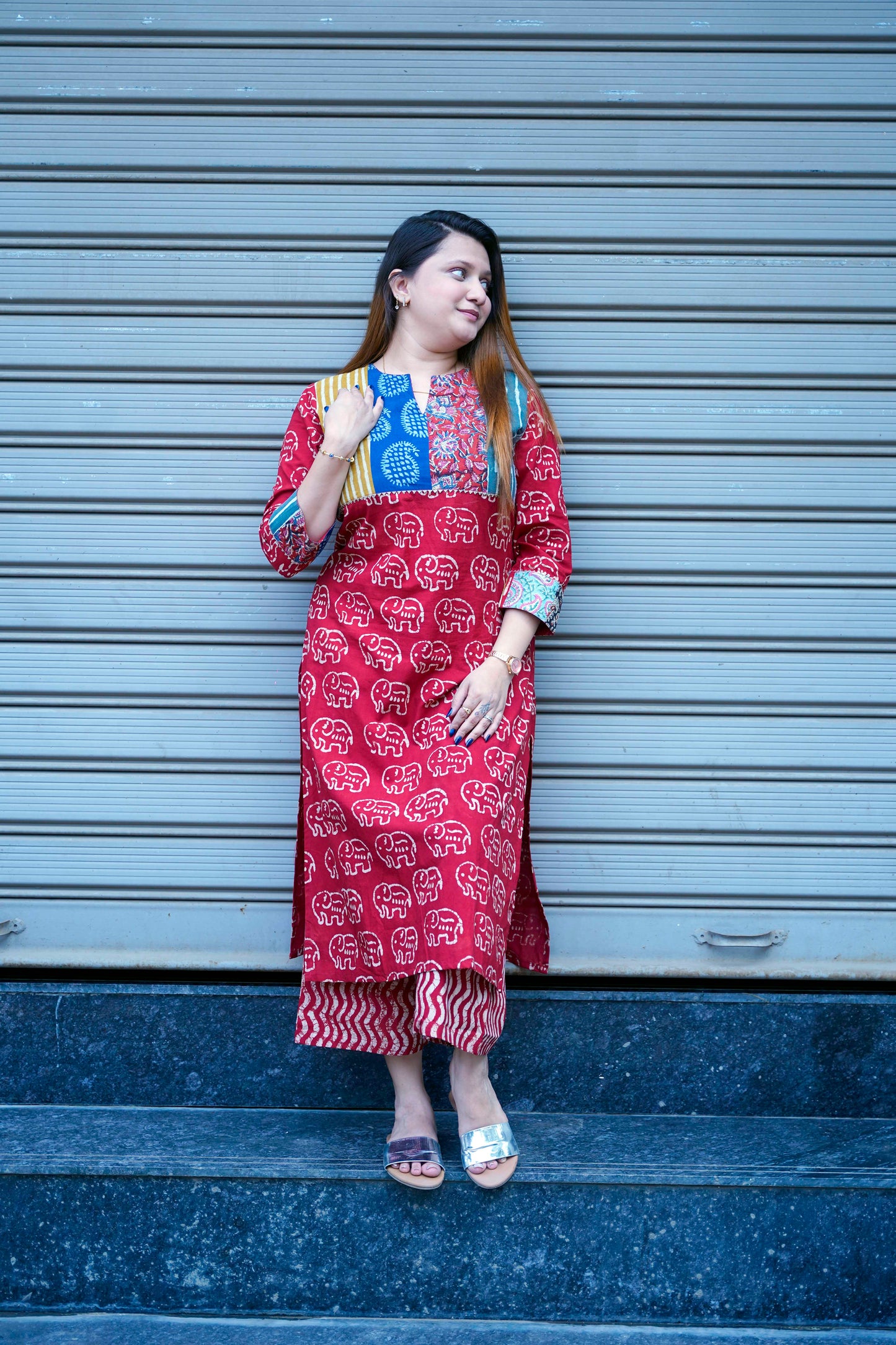 Red Elephant Print Kurta Set