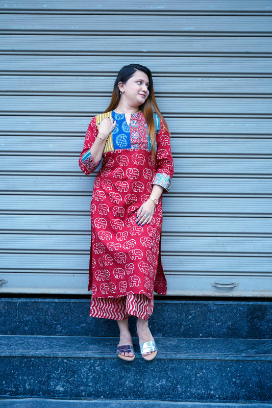 Red Elephant Print Kurta Set