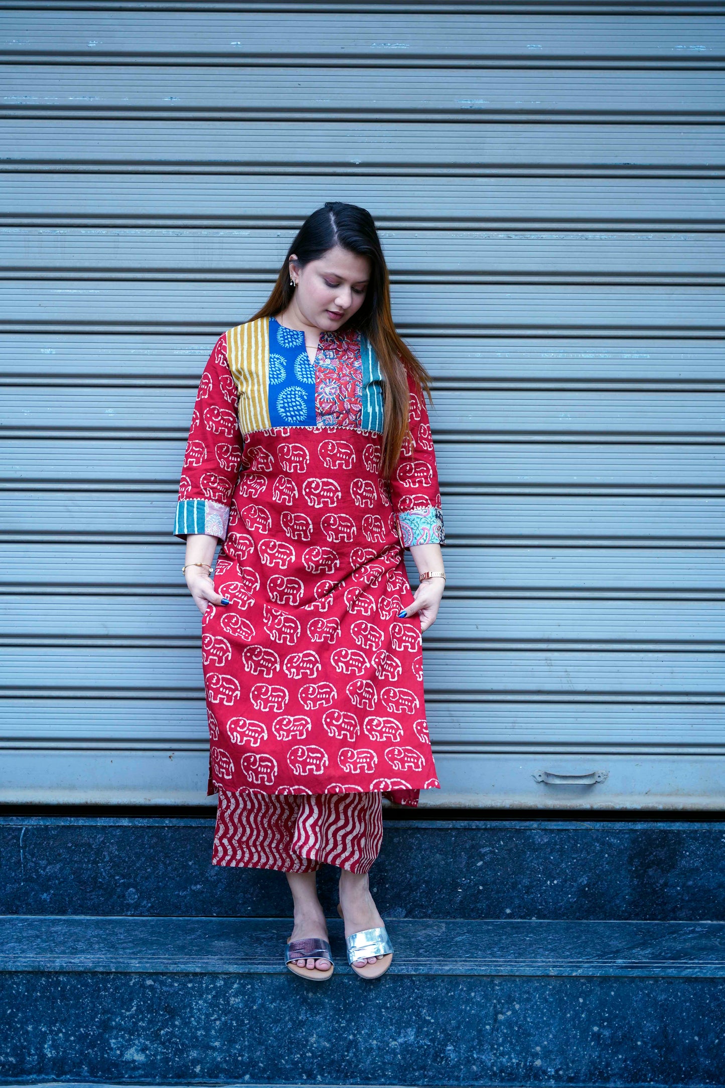 Red Elephant Print Kurta Set