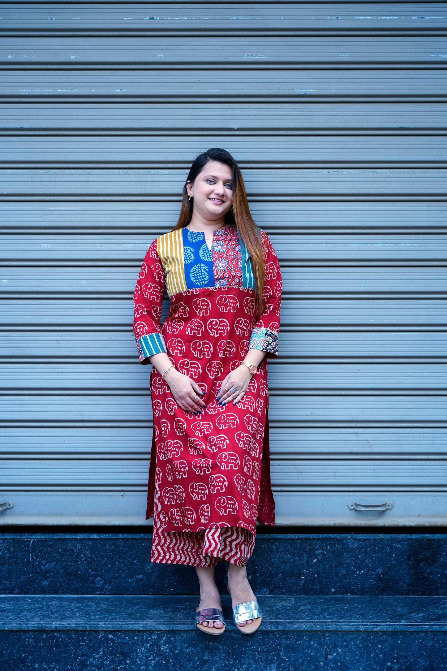 Red Elephant Print Kurta Set