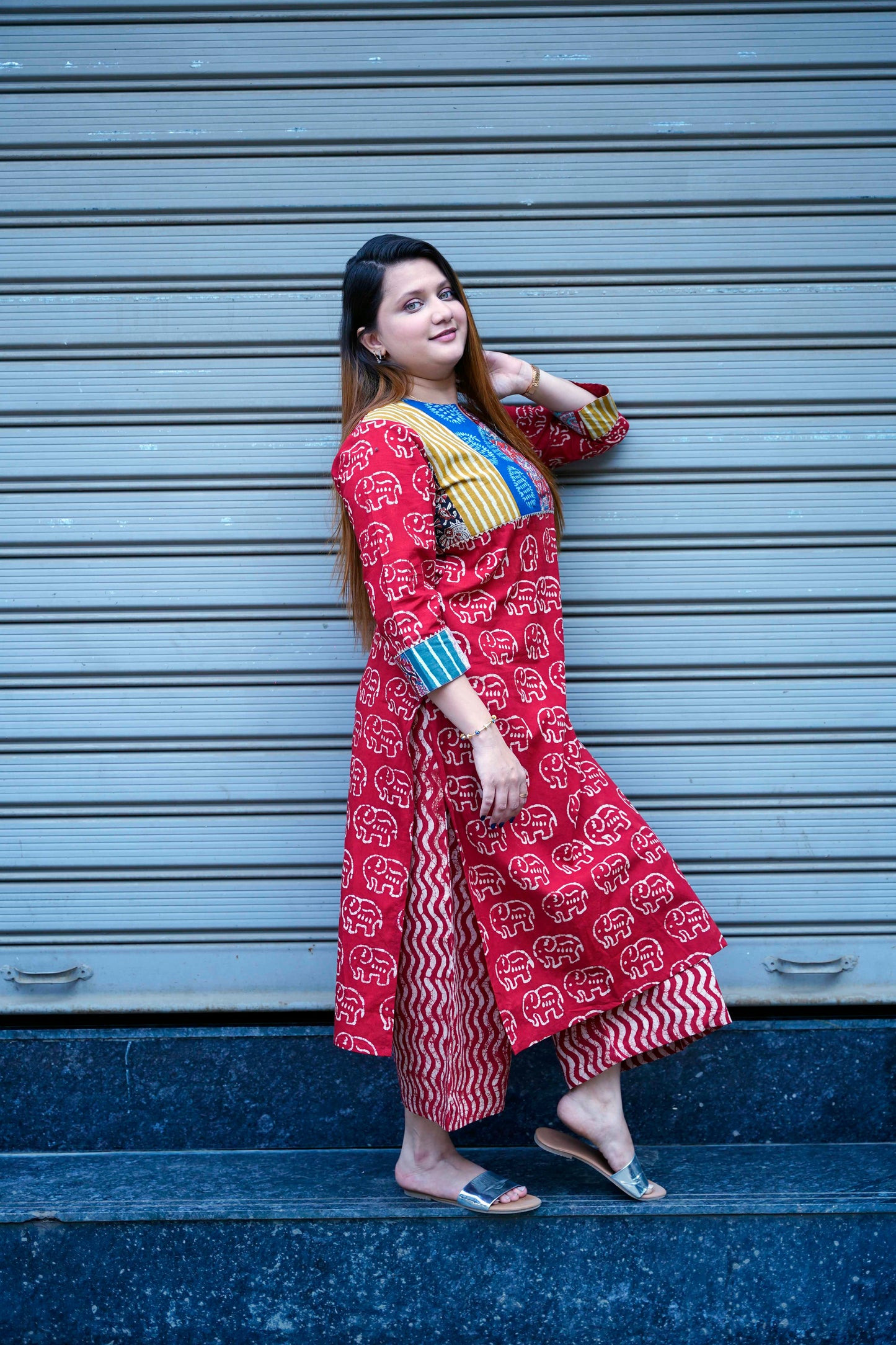 Red Elephant Print Kurta Set