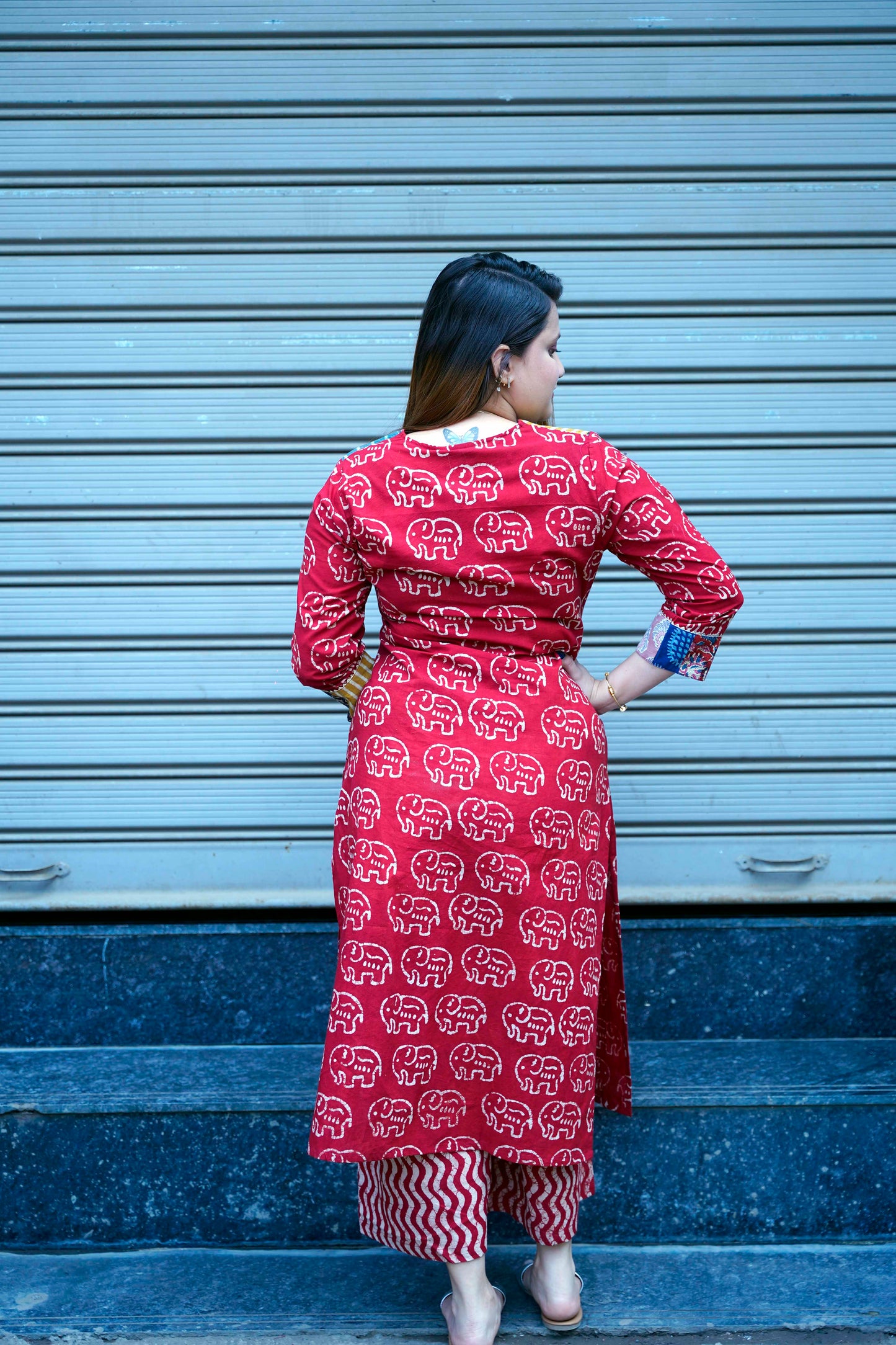 Red Elephant Print Kurta Set