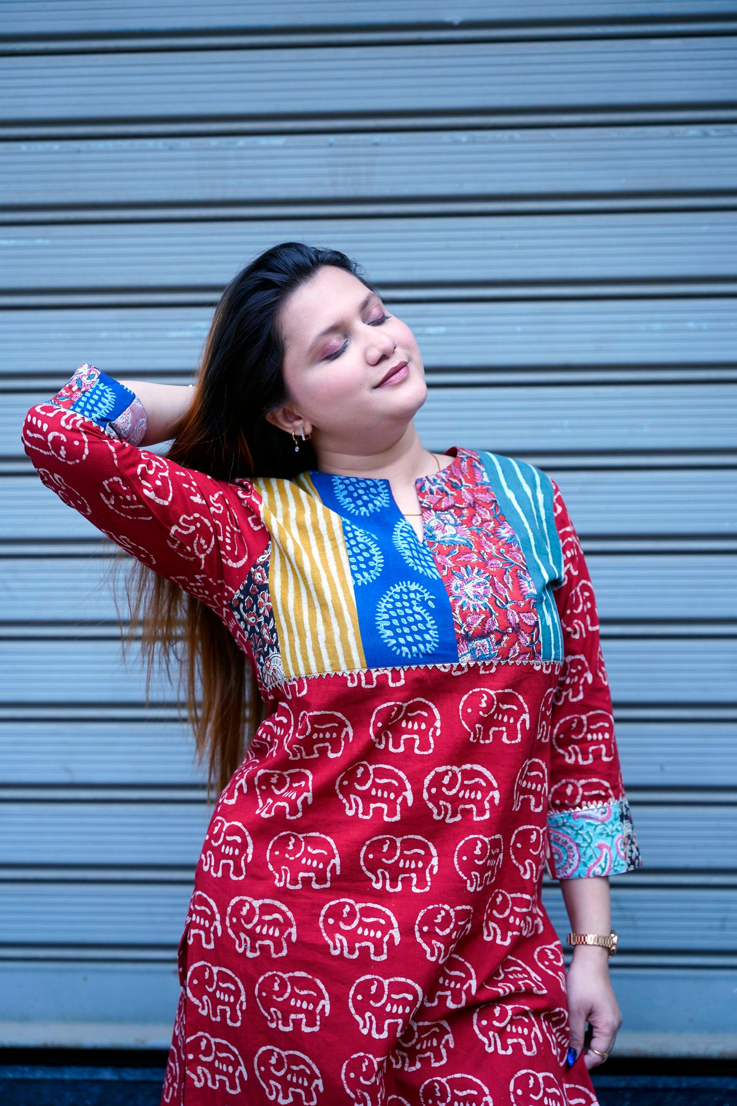 Red Elephant Print Kurta Set