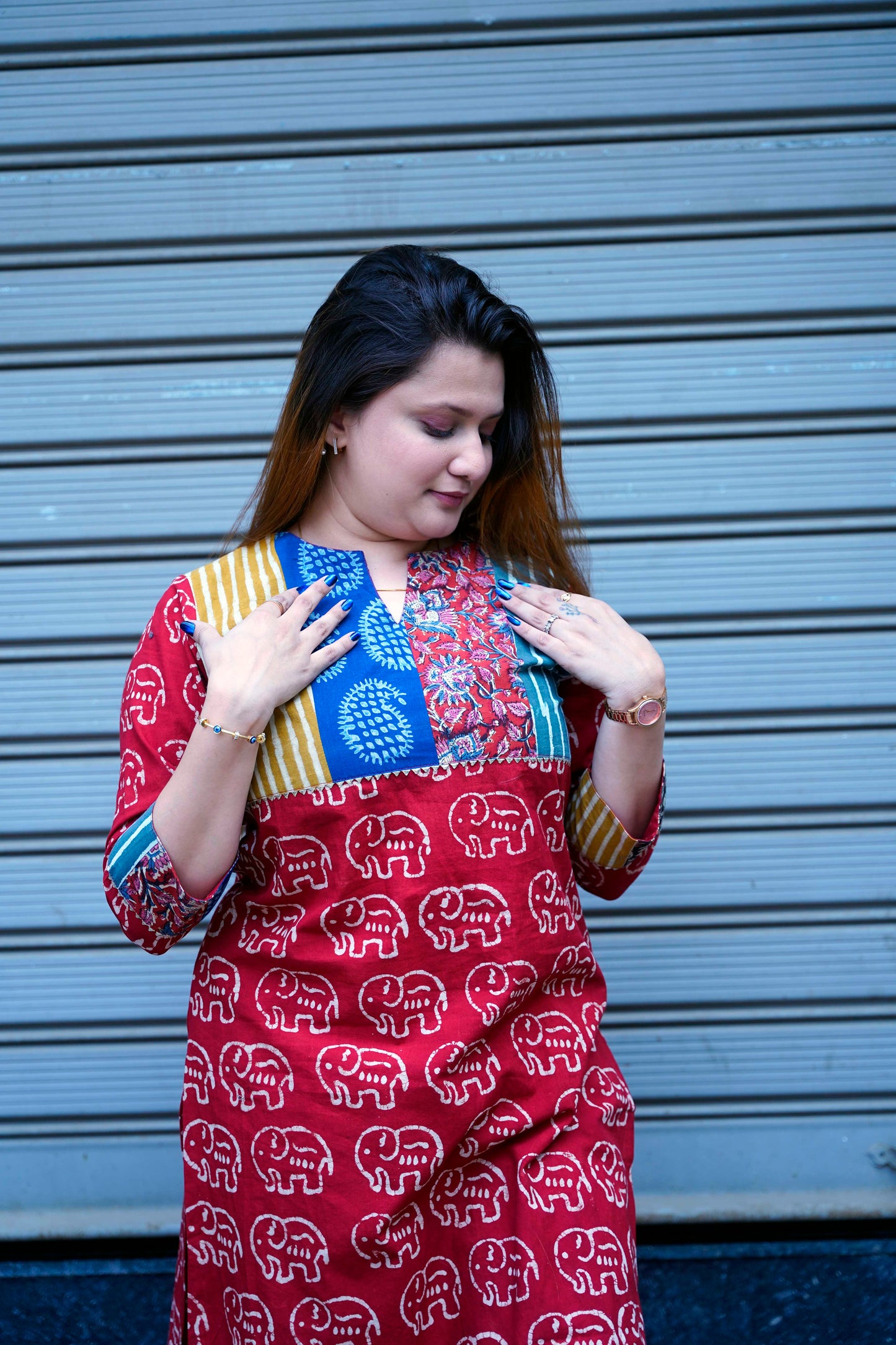 Red Elephant Print Kurta Set