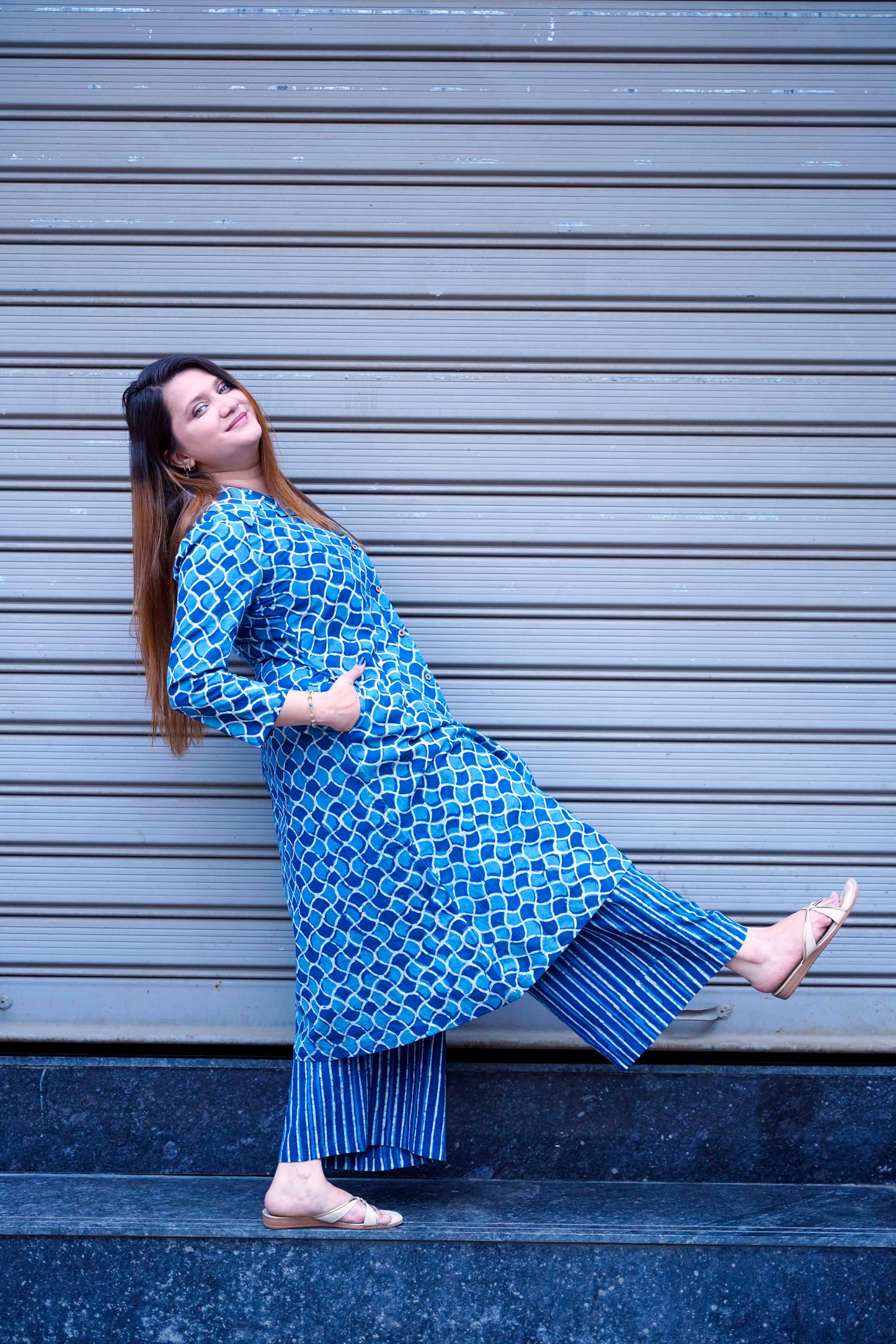 Indigo Dabu Print Plazo Set