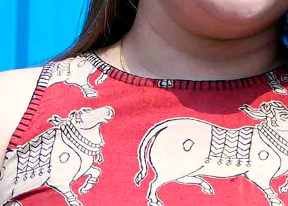 Rust Kalamkari Halterneck Kurti with Hand Embroidery Detailing
