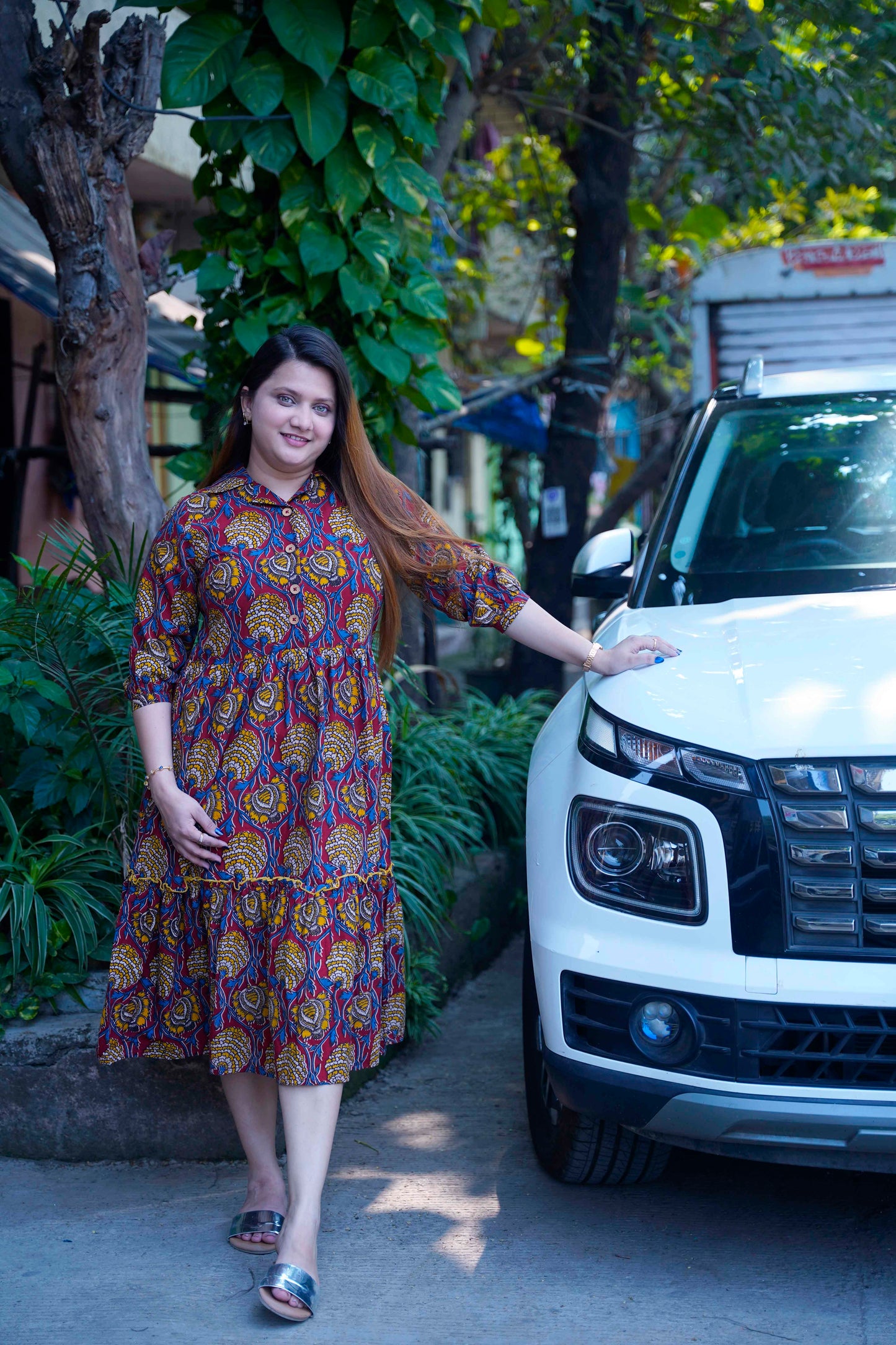Red Kalamkari Open Collar Mid-Length Dress
