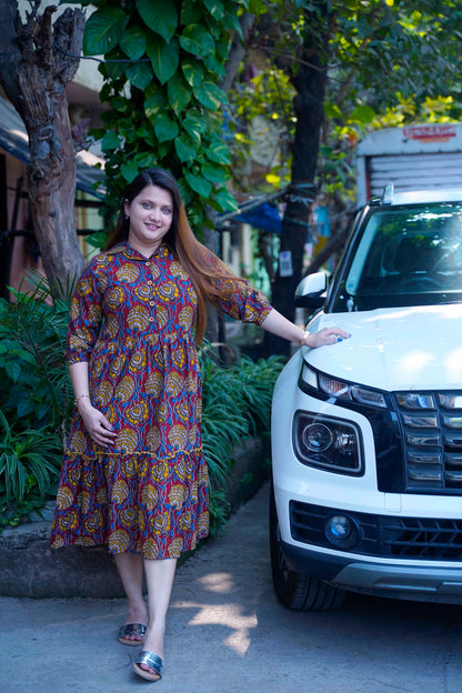Red Kalamkari Open Collar Mid-Length Dress