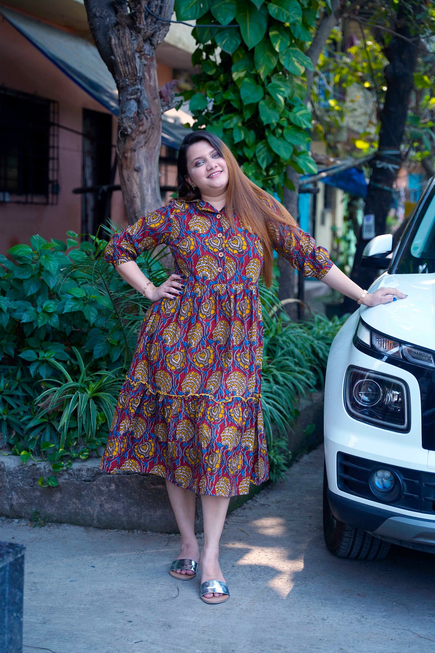 Red Kalamkari Open Collar Mid-Length Dress