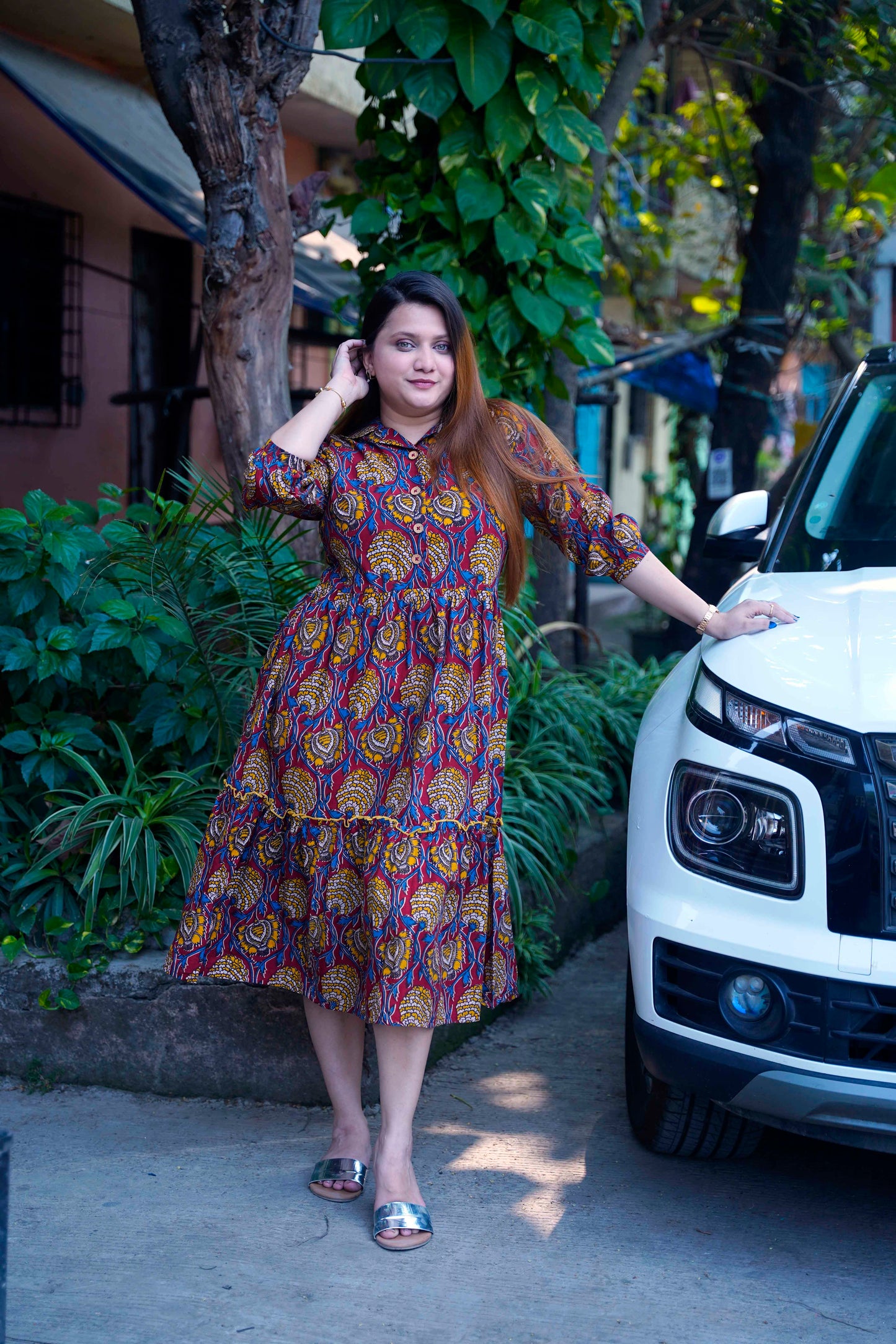 Red Kalamkari Open Collar Mid-Length Dress