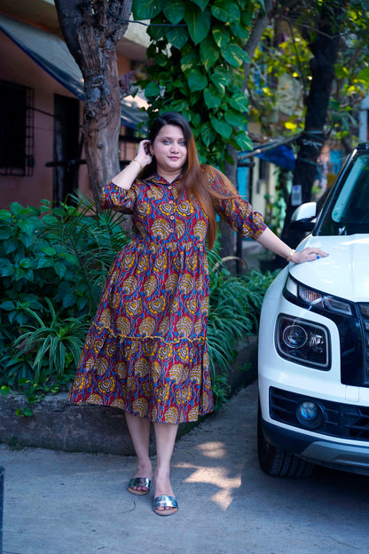 Red Kalamkari Open Collar Mid-Length Dress