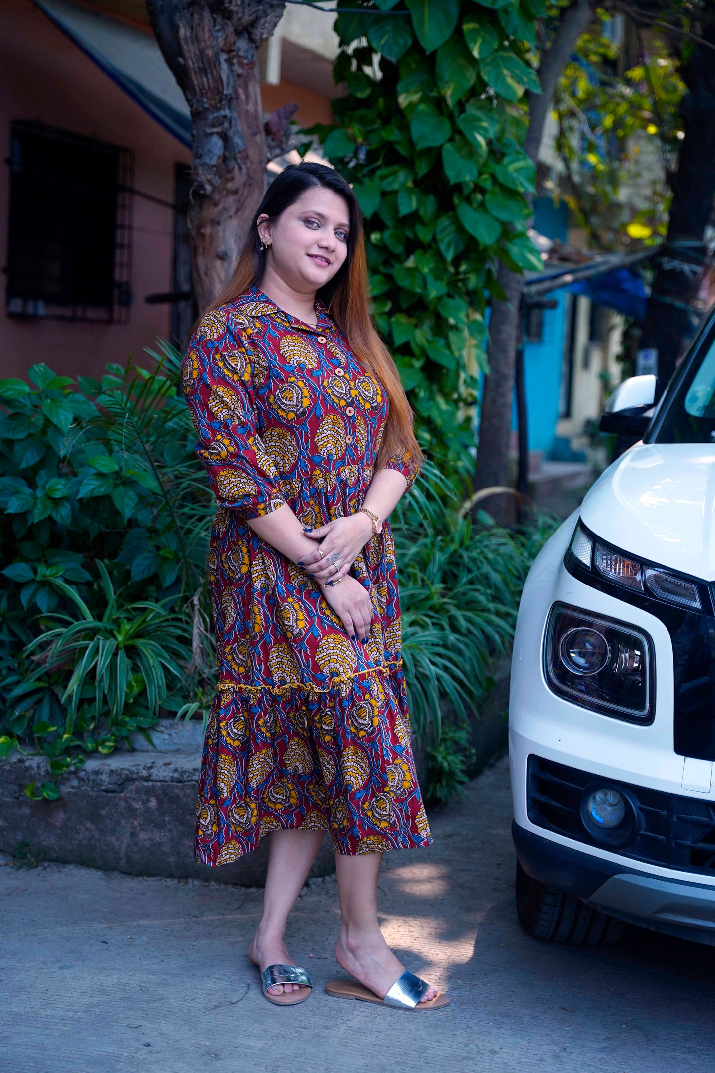 Red Kalamkari Open Collar Mid-Length Dress