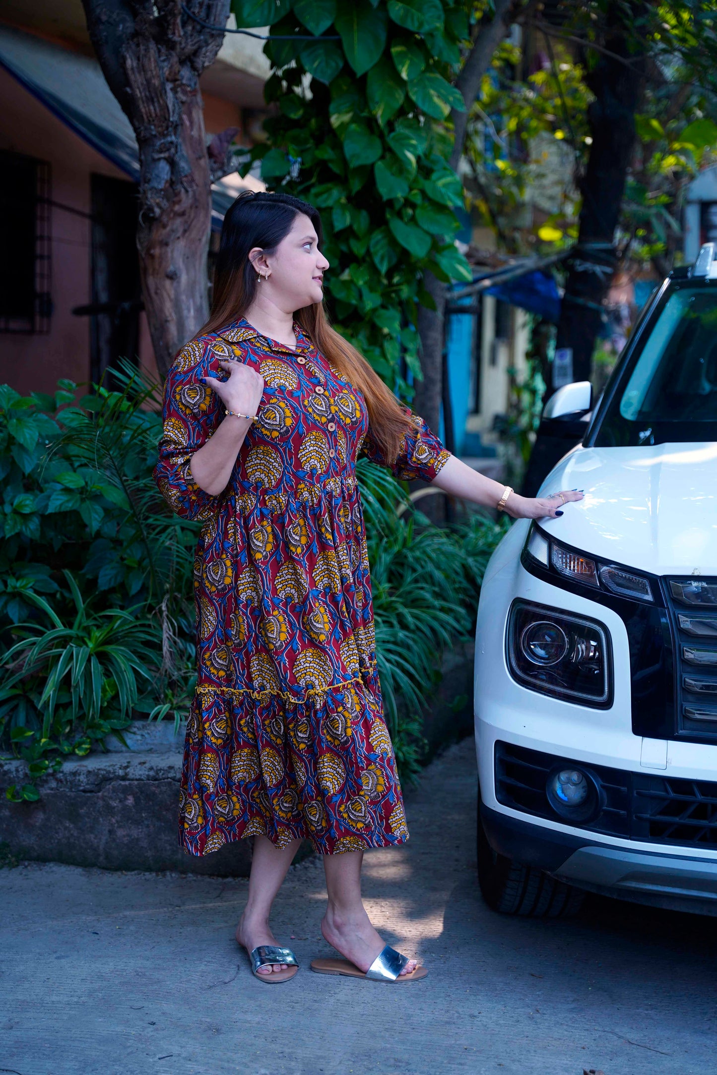 Red Kalamkari Open Collar Mid-Length Dress