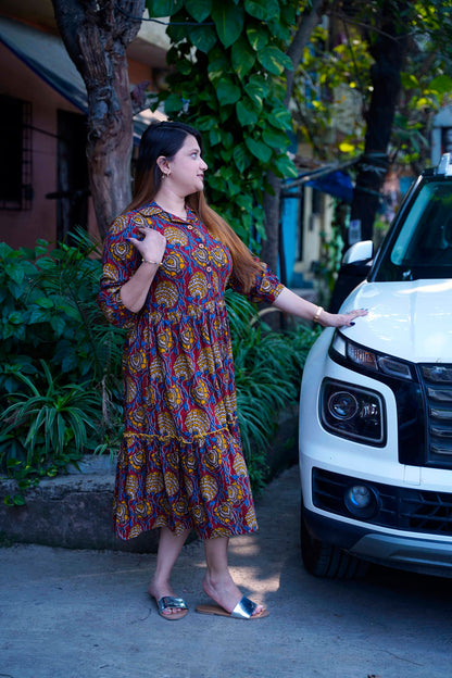 Red Kalamkari Open Collar Mid-Length Dress