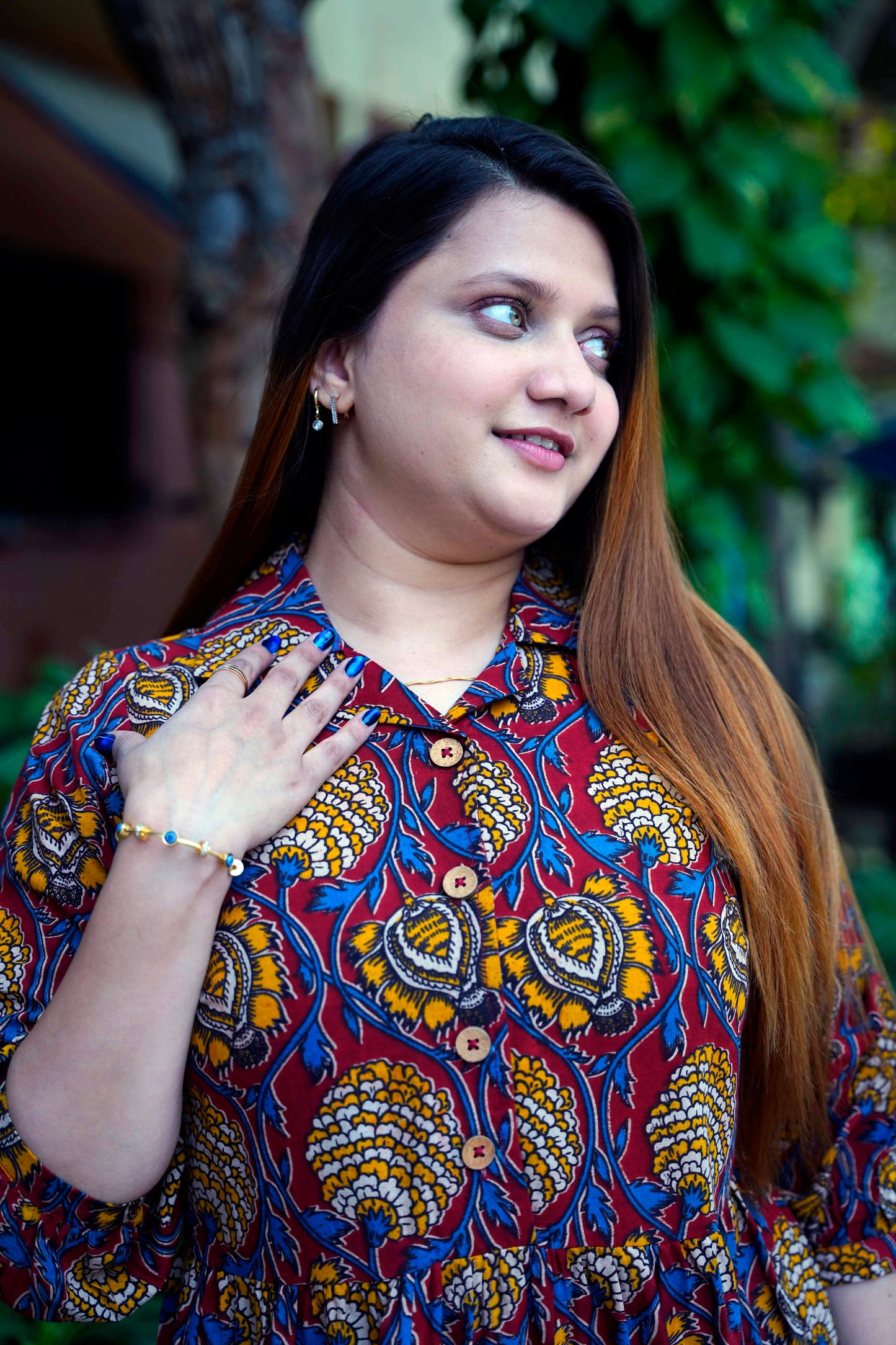 Red Kalamkari Open Collar Mid-Length Dress