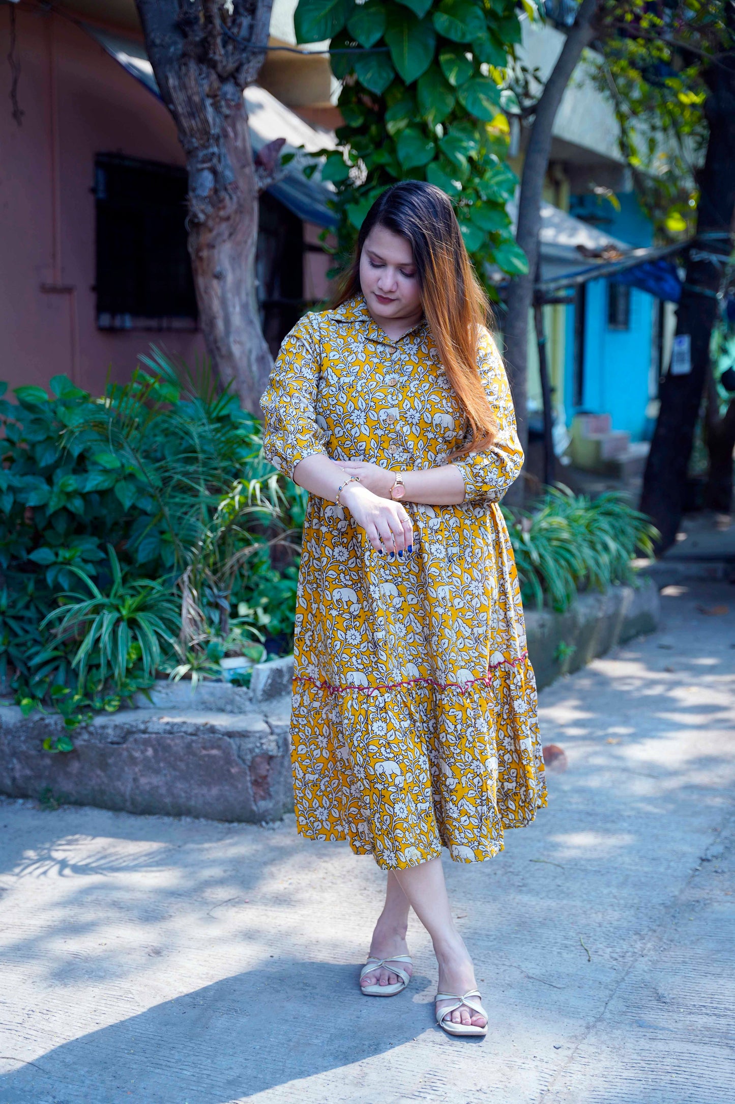 Yellow Kalamkari Open Collar Mid-Length Dress
