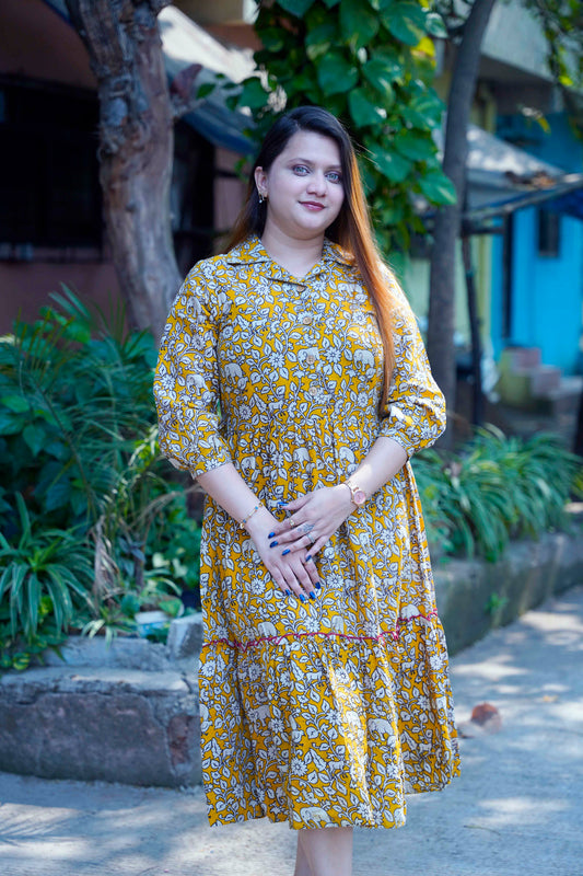 Yellow Kalamkari Open Collar Mid-Length Dress