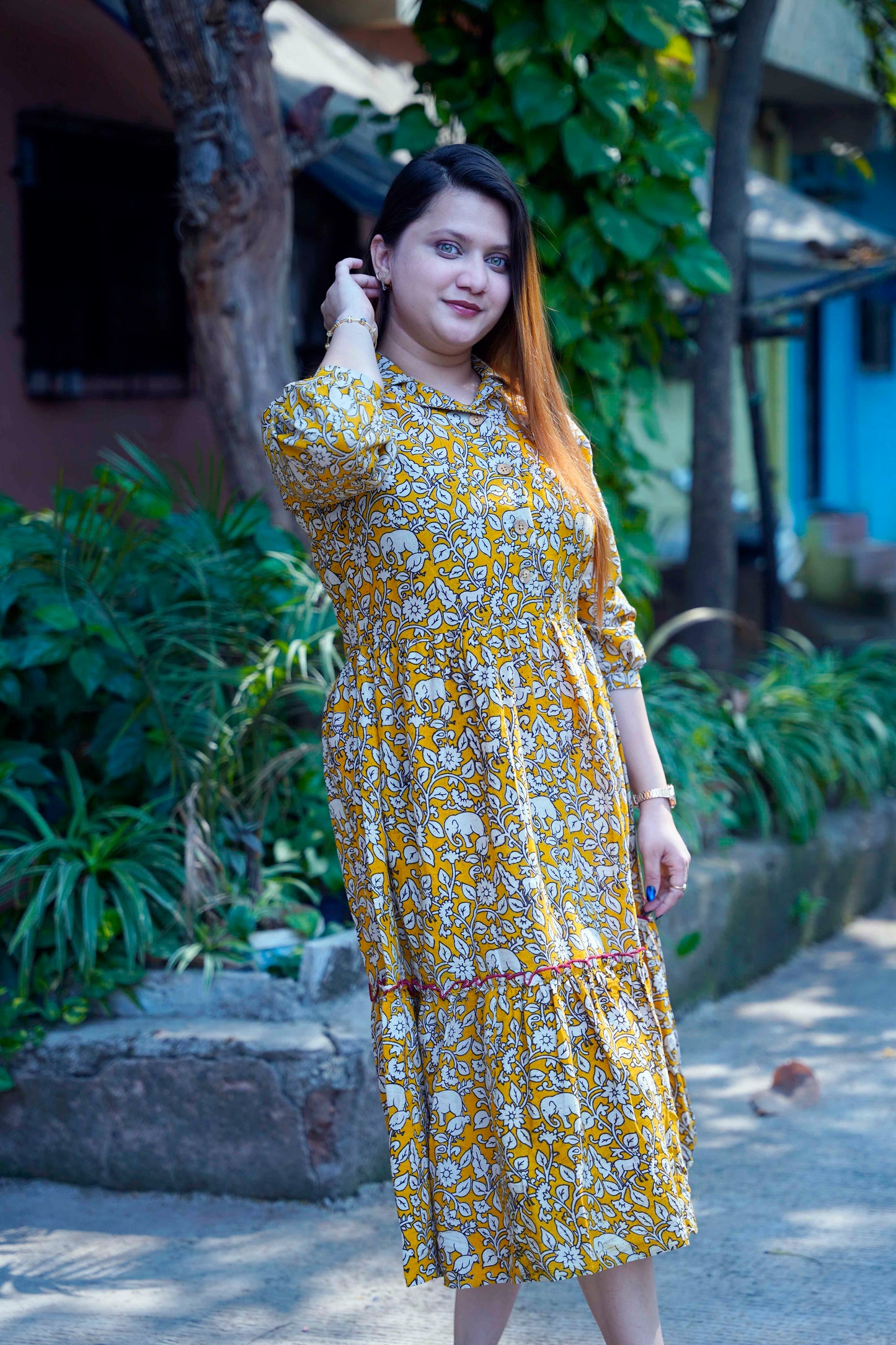 Yellow Kalamkari Open Collar Mid-Length Dress