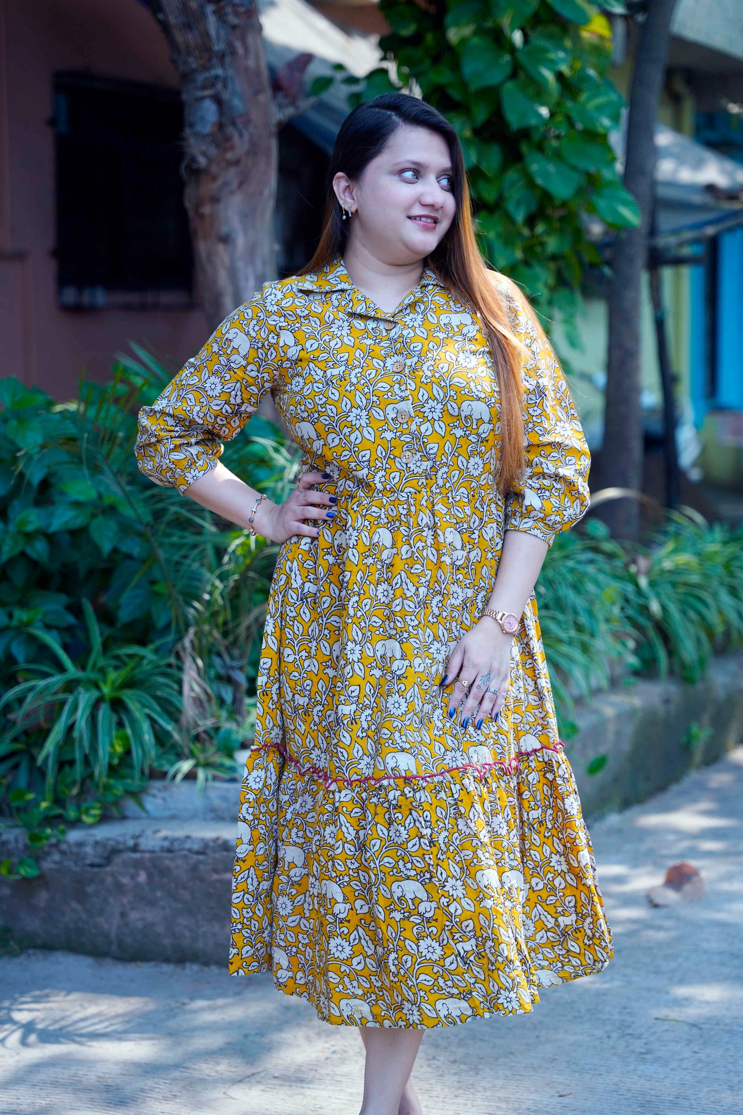 Yellow Kalamkari Open Collar Mid-Length Dress