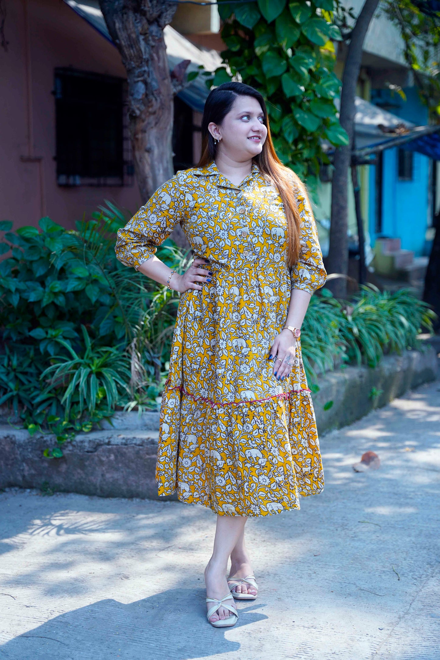 Yellow Kalamkari Open Collar Mid-Length Dress