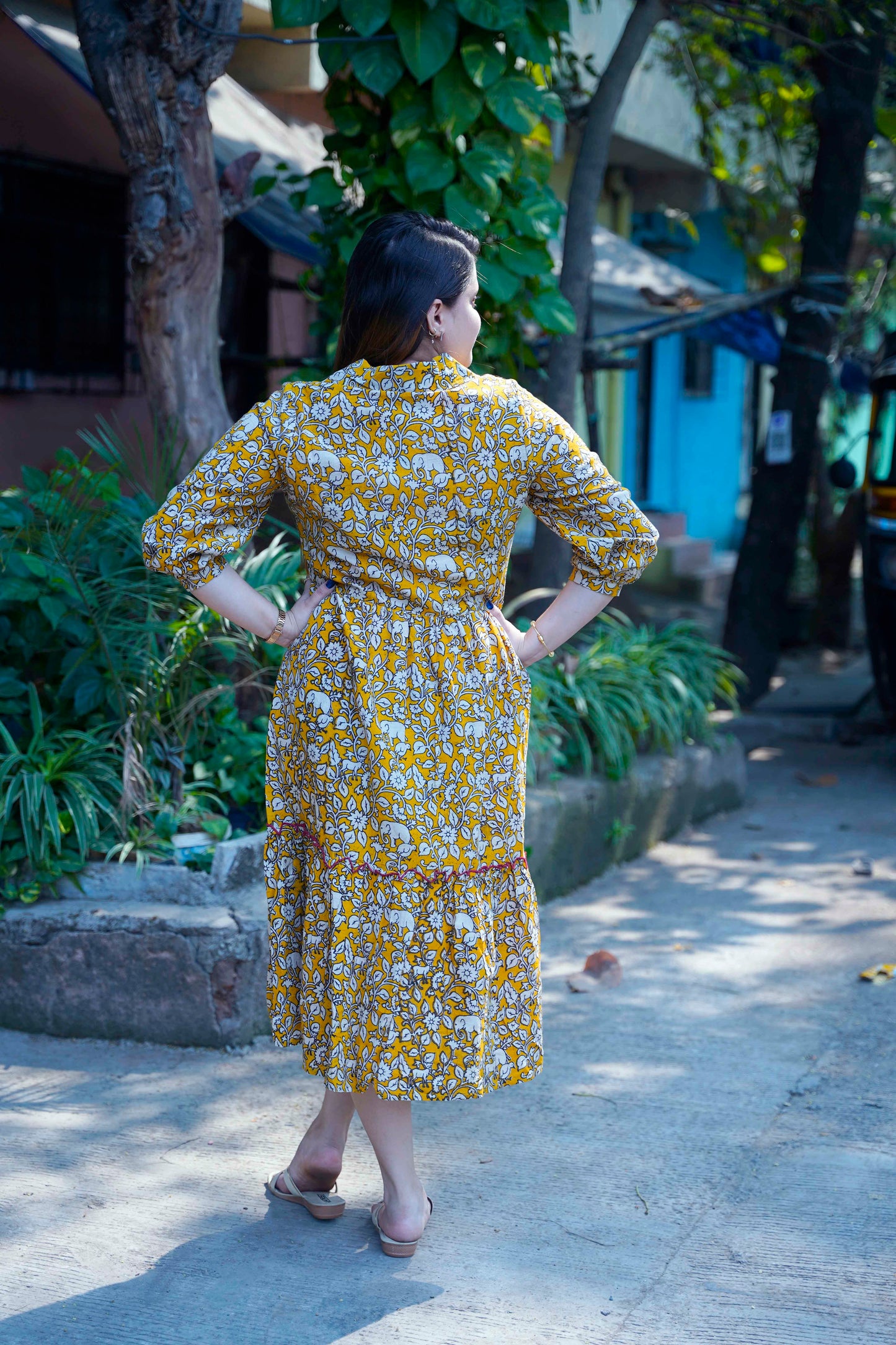 Yellow Kalamkari Open Collar Mid-Length Dress