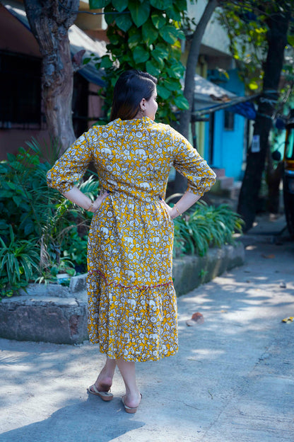 Yellow Kalamkari Open Collar Mid-Length Dress