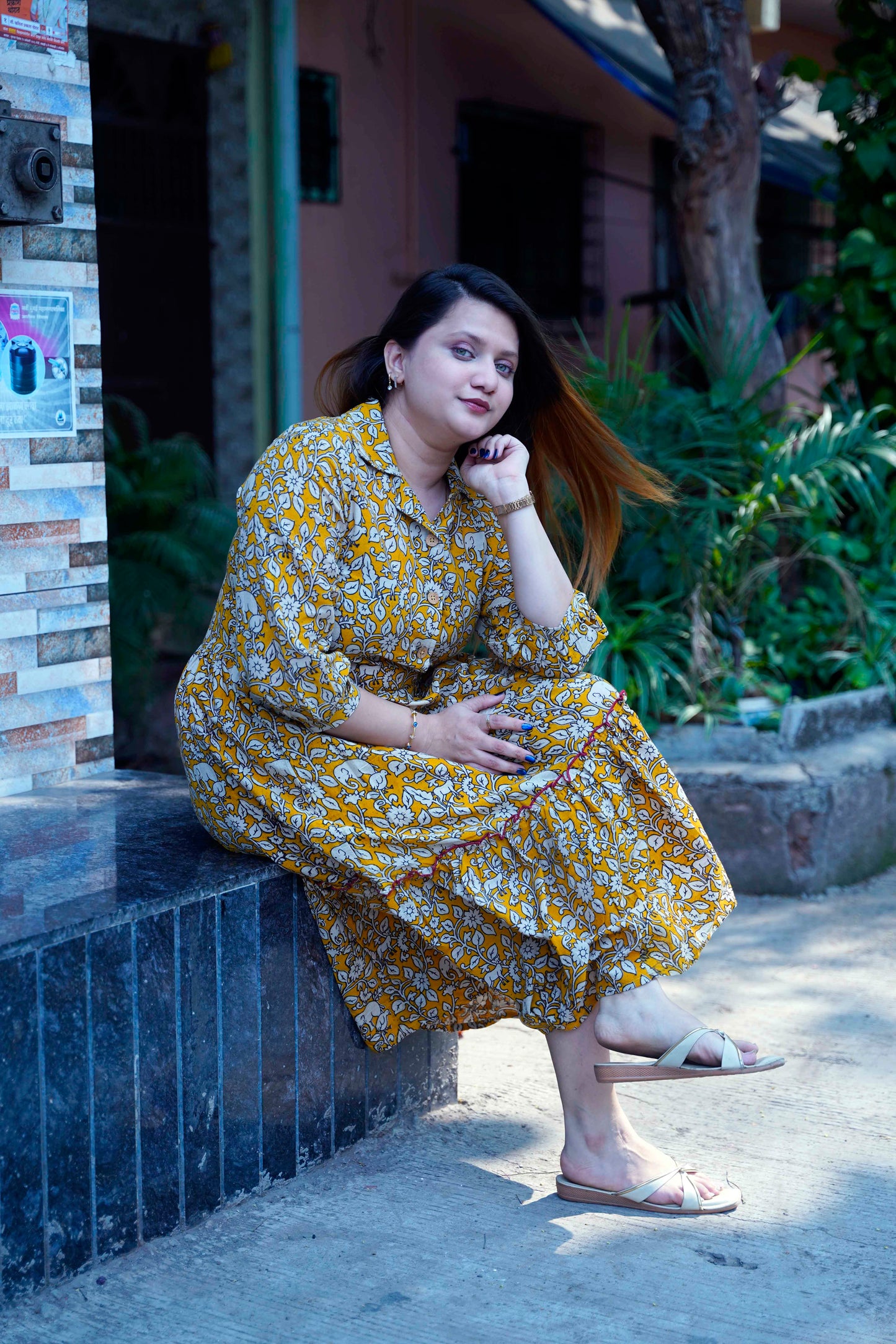 Yellow Kalamkari Open Collar Mid-Length Dress