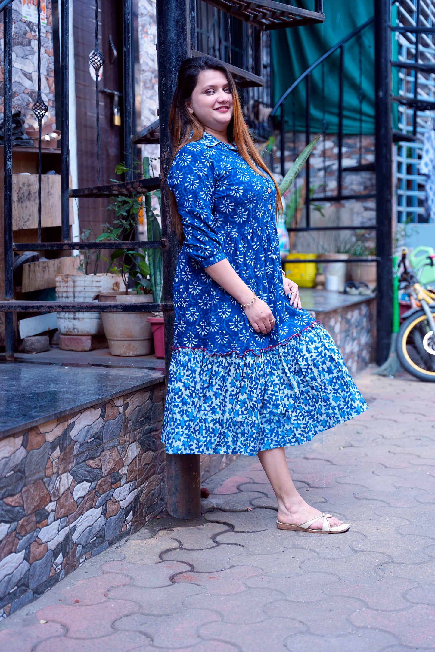 Indigo Dabu Print Open Collar Mid-Length Dress