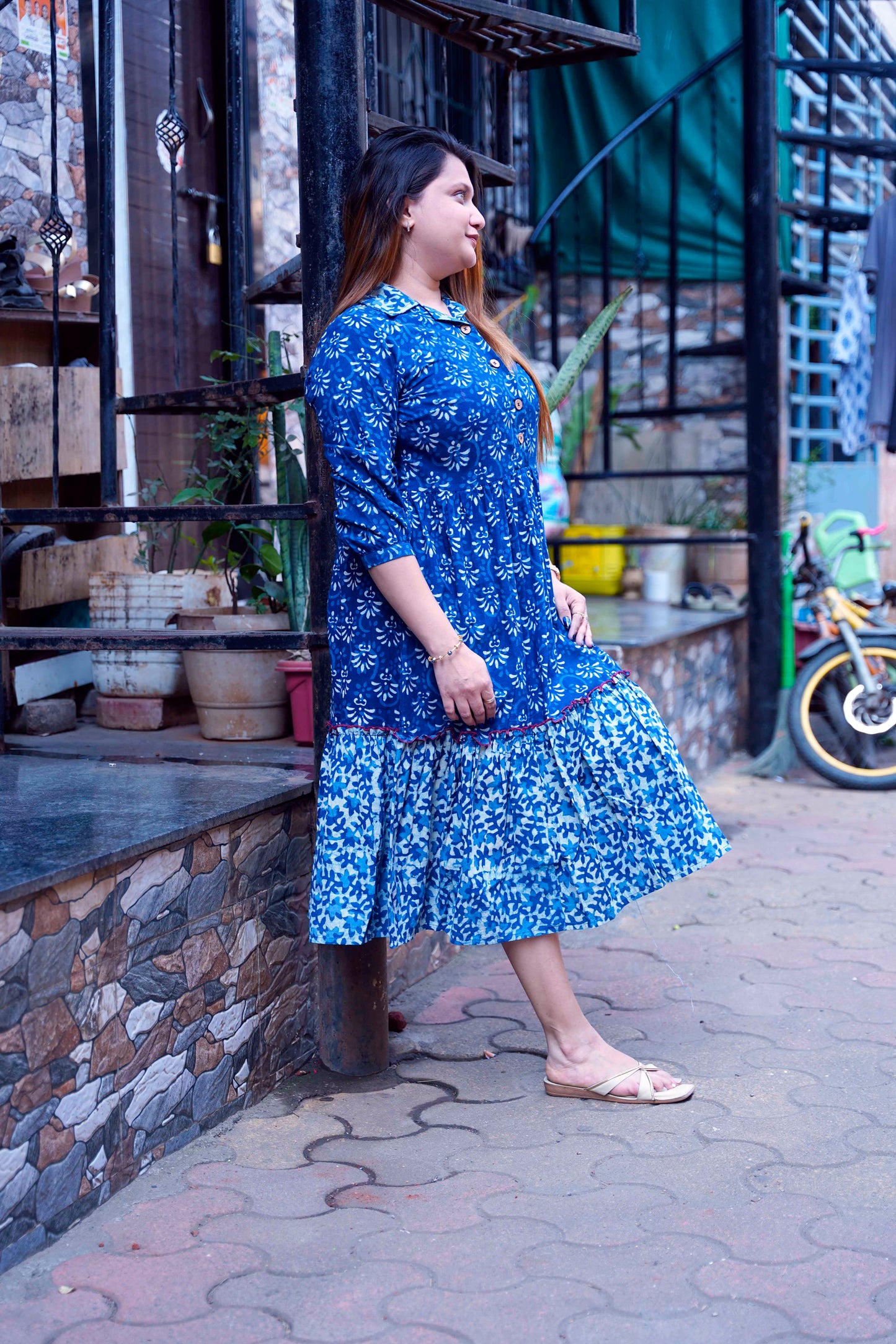 Indigo Dabu Print Open Collar Mid-Length Dress