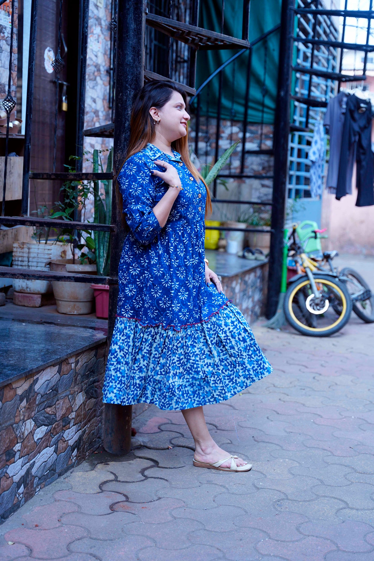 Indigo Dabu Print Open Collar Mid-Length Dress