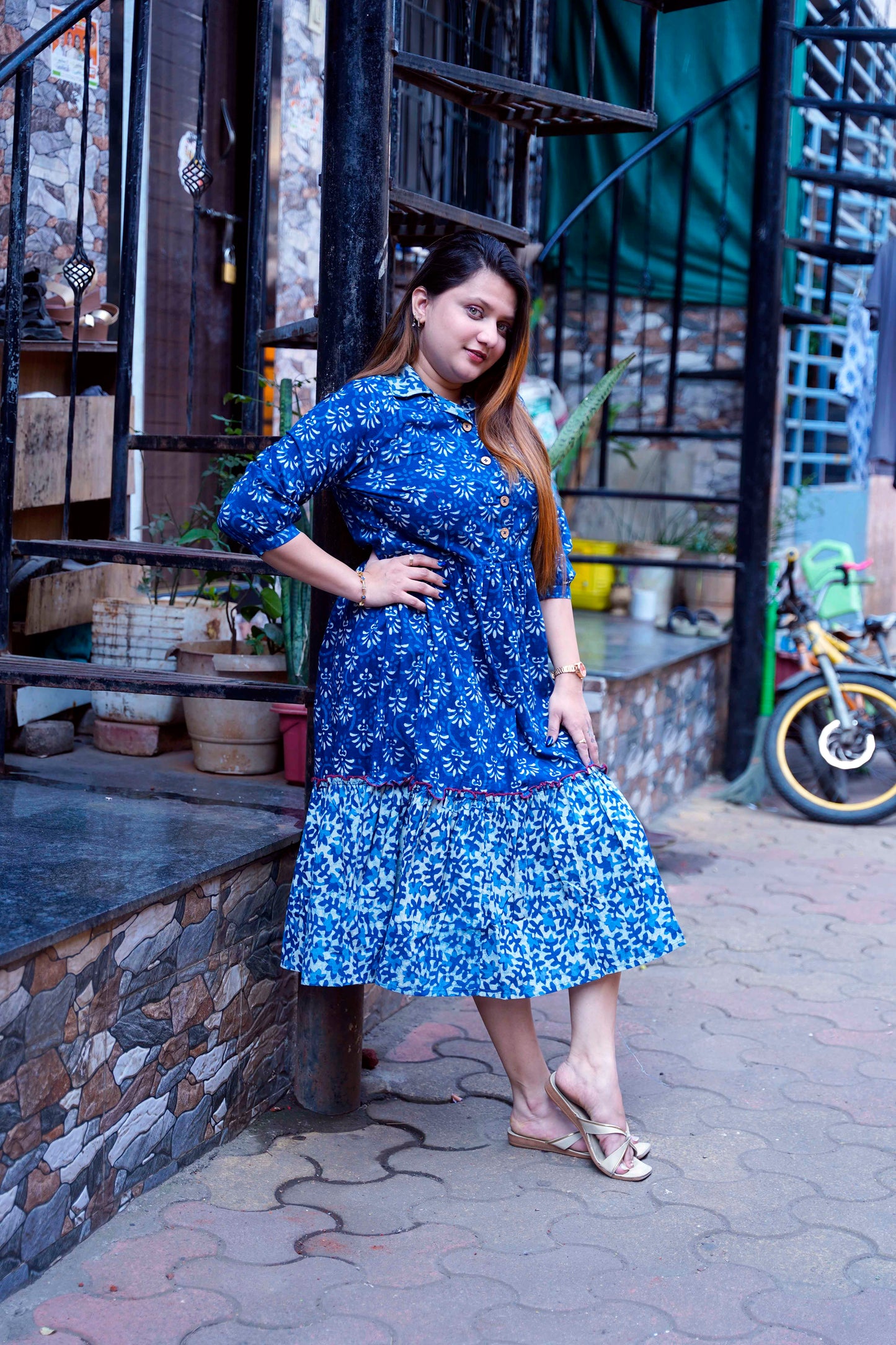 Indigo Dabu Print Open Collar Mid-Length Dress
