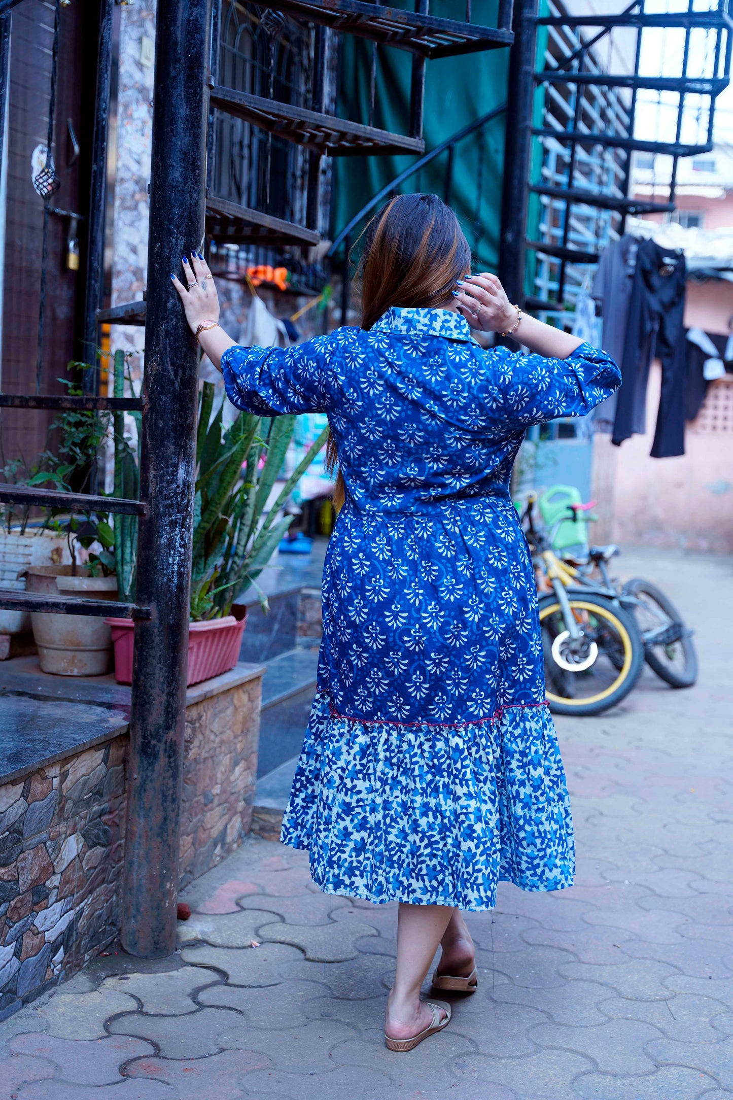Indigo Dabu Print Open Collar Mid-Length Dress