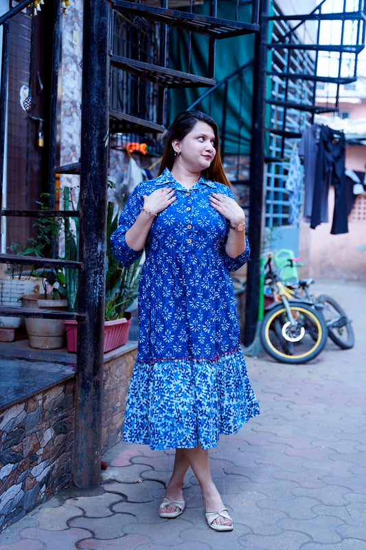 Indigo Dabu Print Open Collar Mid-Length Dress