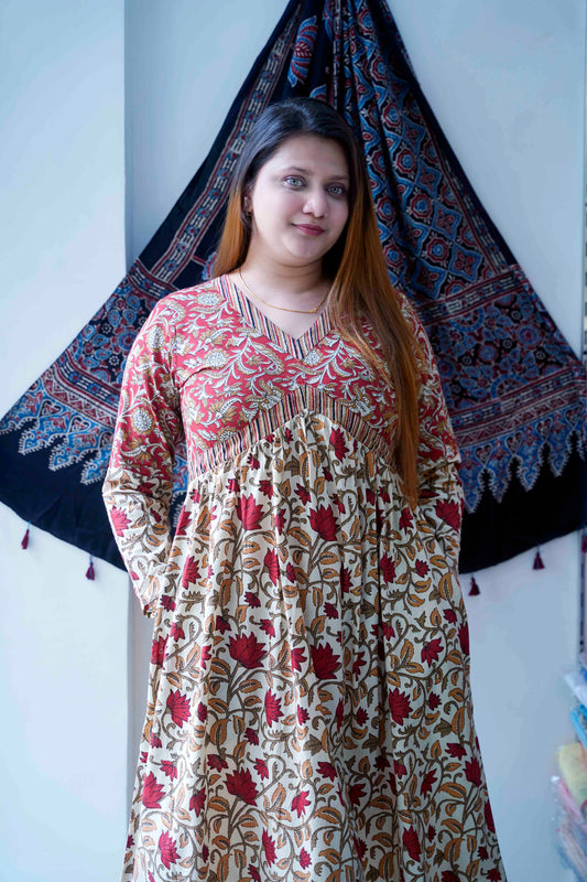Red Bagru Print V Neck Mid length Dress